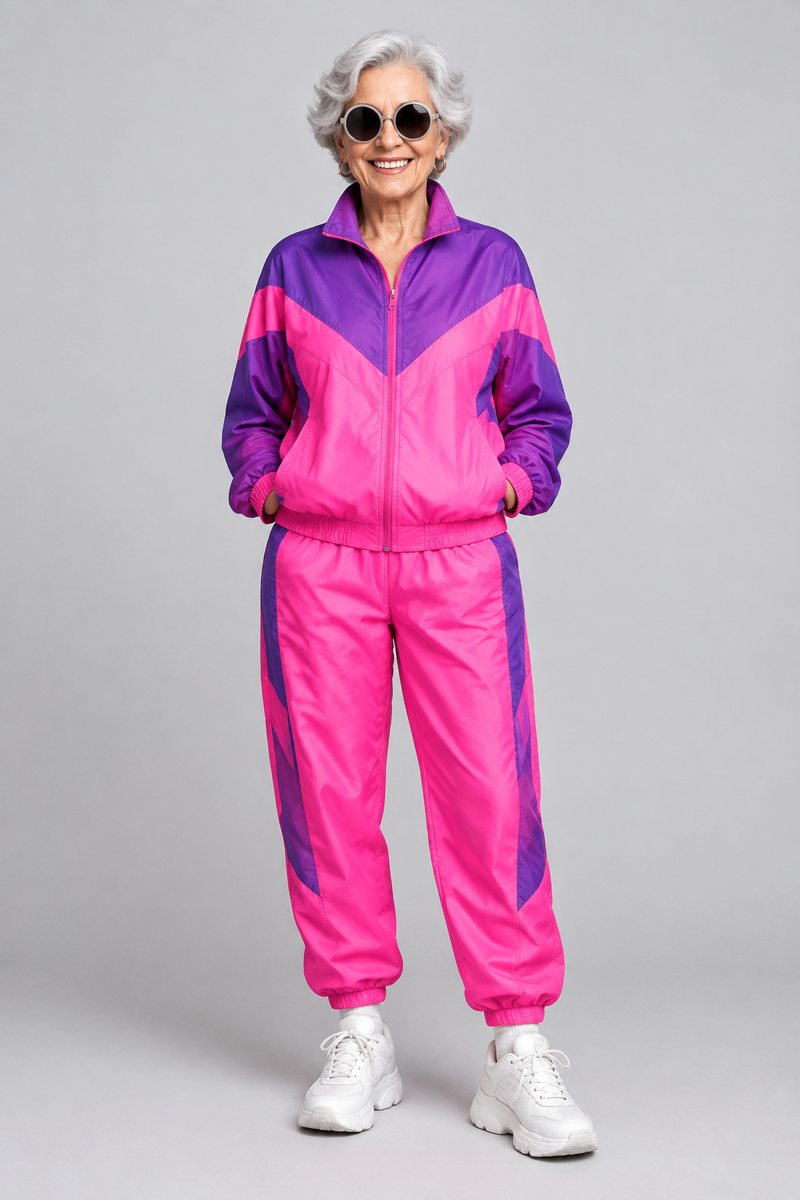 Rumpelstiltskin dance AI video: a grandma in a neon tracksuit tiptoeing toward the camera on a moonlit forest path — input photo