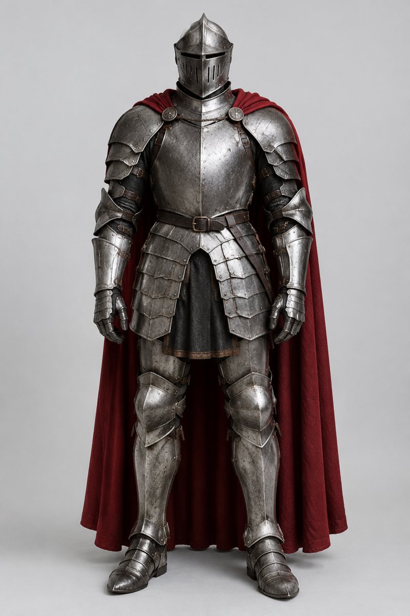 Rumpelstiltskin dance AI video: a knight in plate armour and a red cape doing the sneaky tiptoe walk — input photo