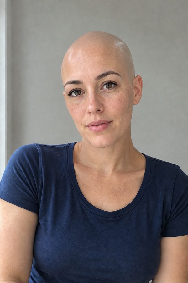 Bald filter: the same woman with a shaved head