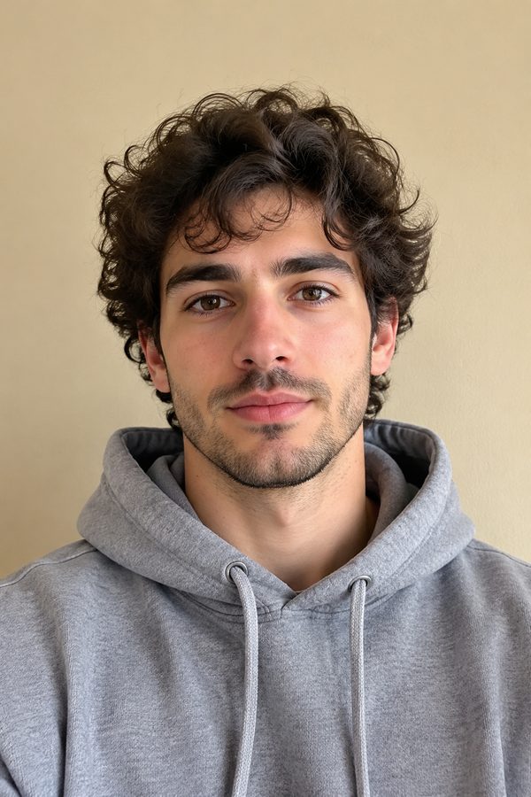 Buzz cut filter: curly hair cut to a short buzz cut (original photo)