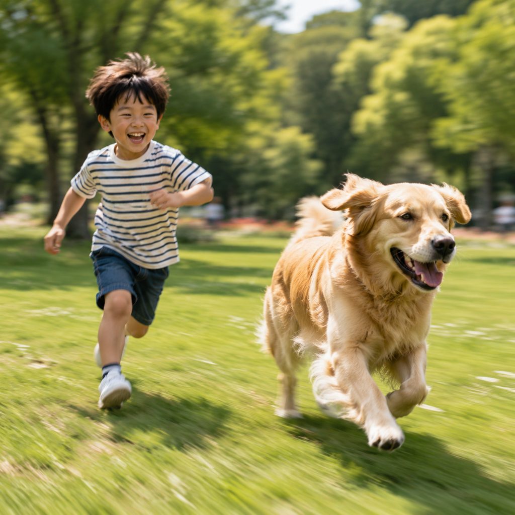 Kid and dog across the park