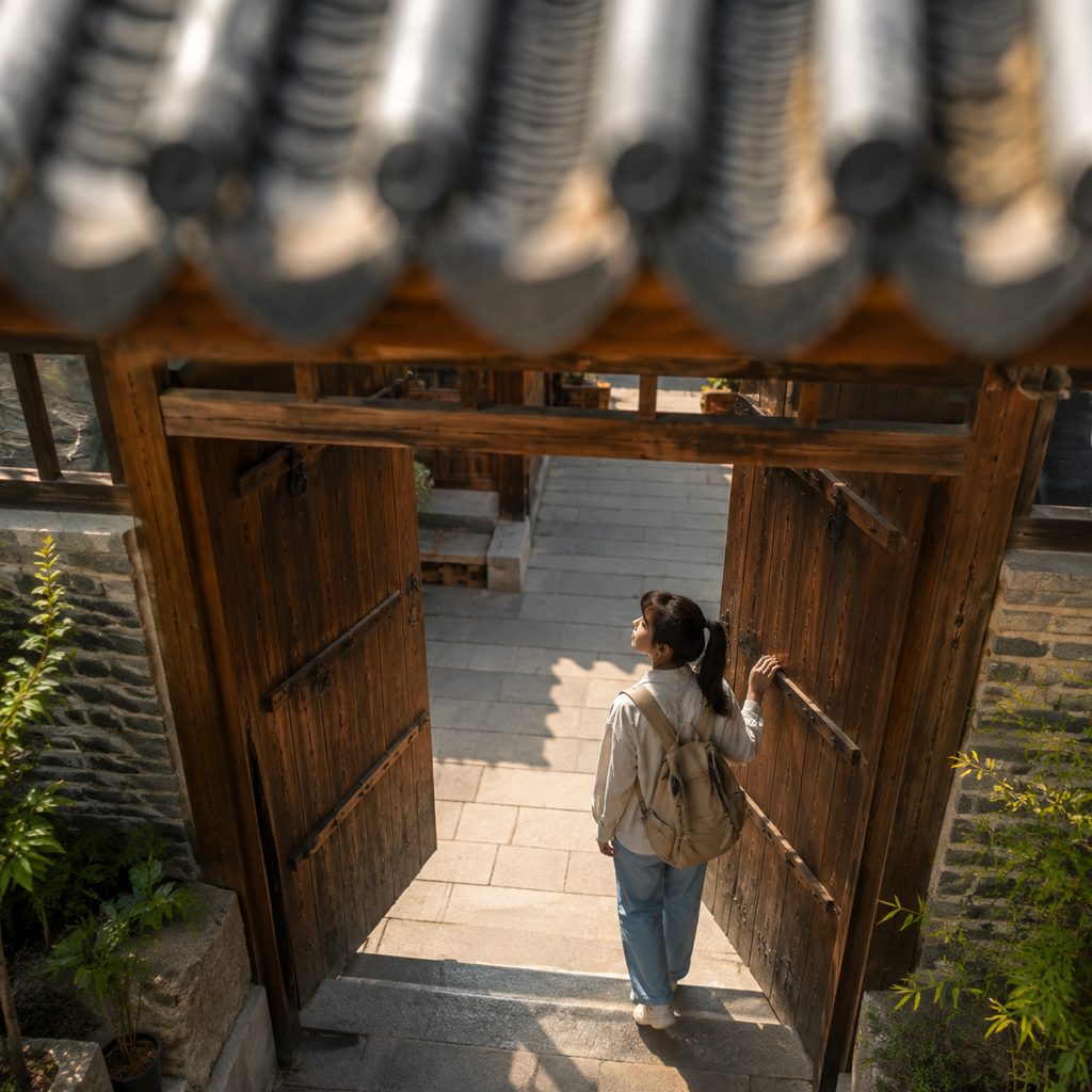 Temple gate arrival