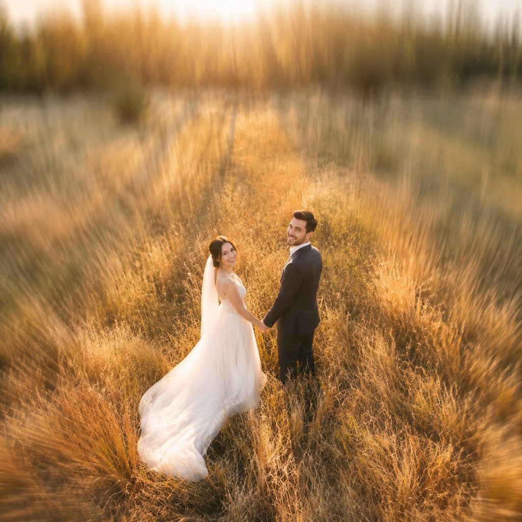 Wedding couple in an open field