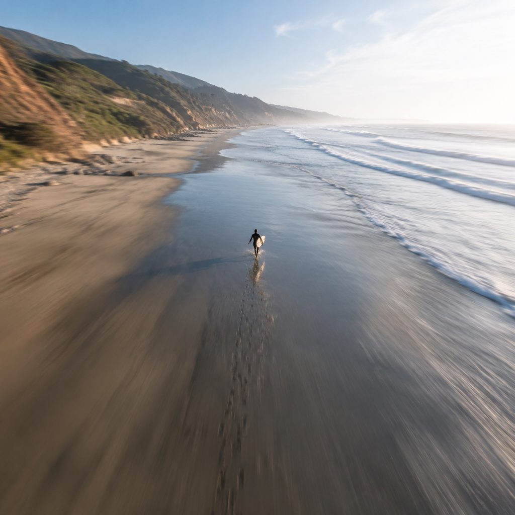 Surfer on an empty beach
