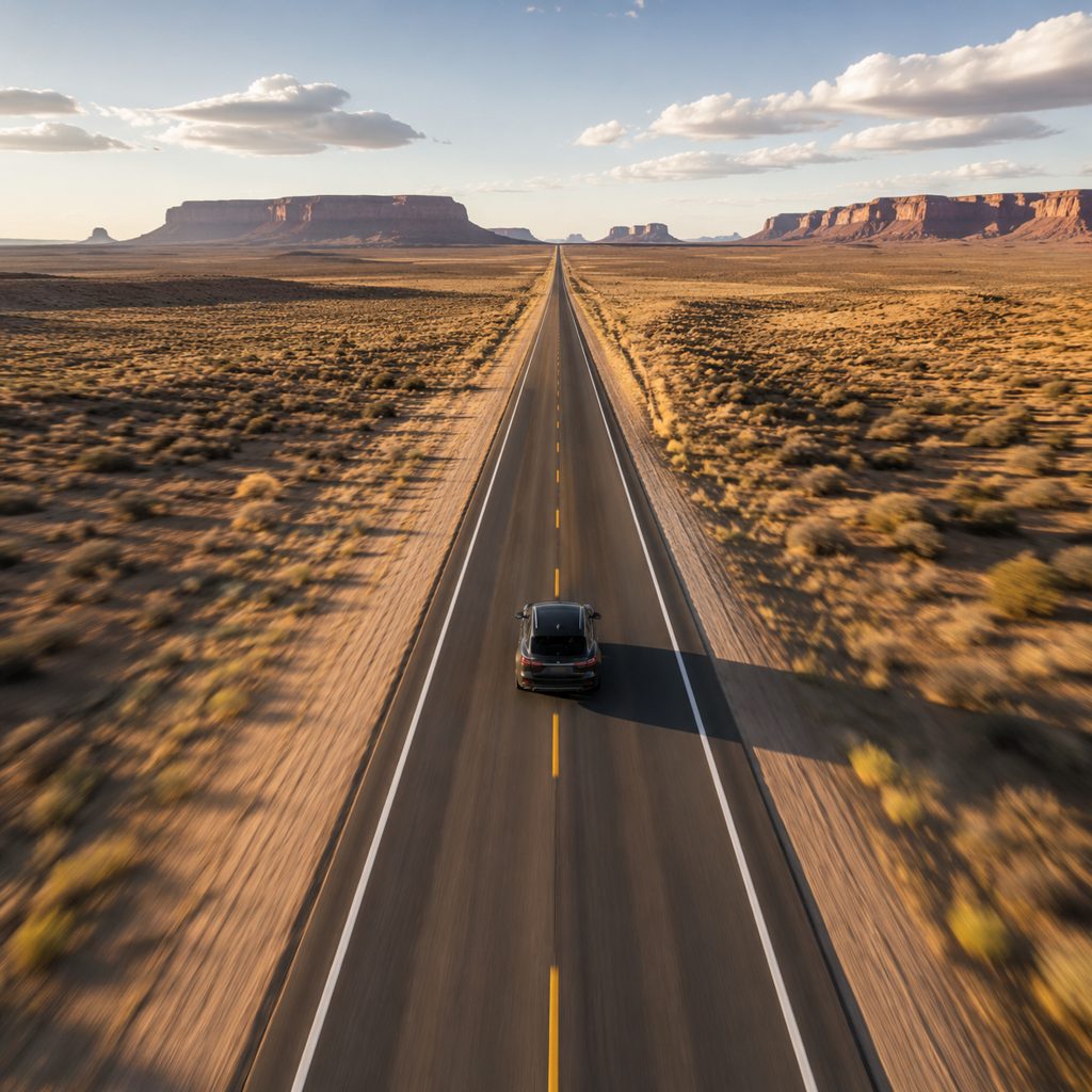 Lone car on a desert highway