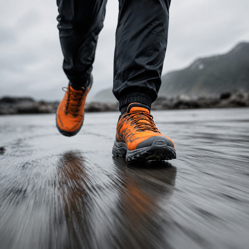 Sneaker launch on wet pavement