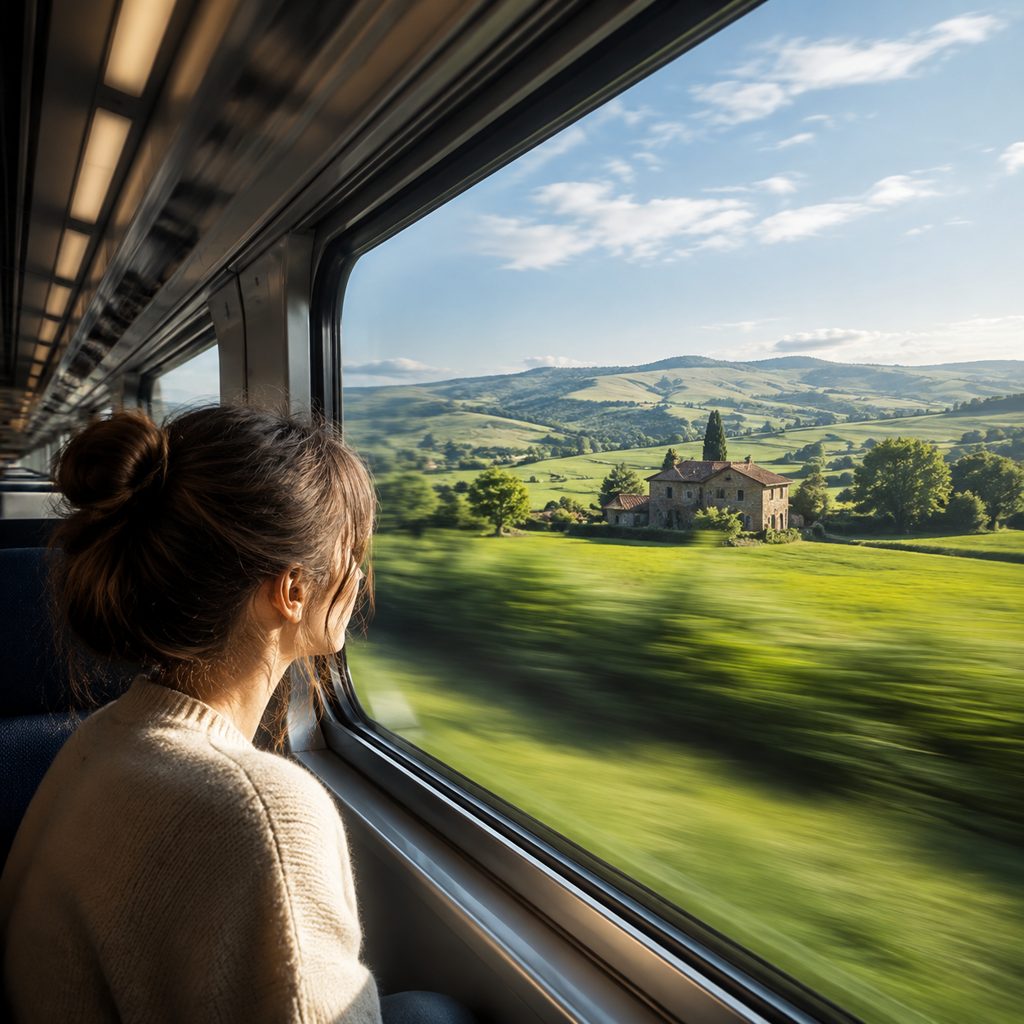 Train window into the countryside