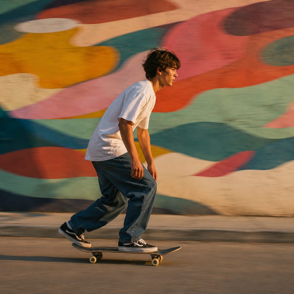 Skateboarder past the mural wall