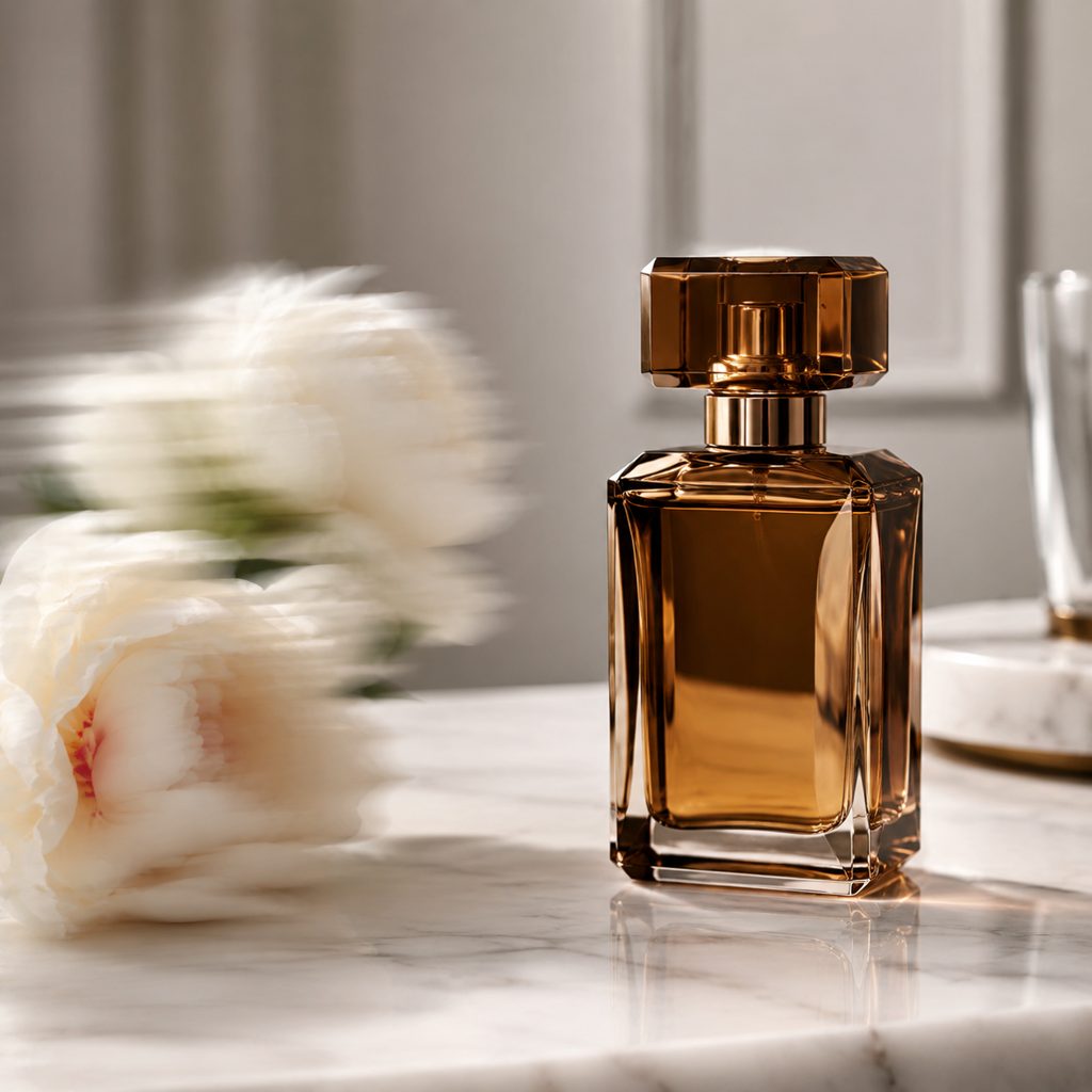 Perfume bottle on a marble counter