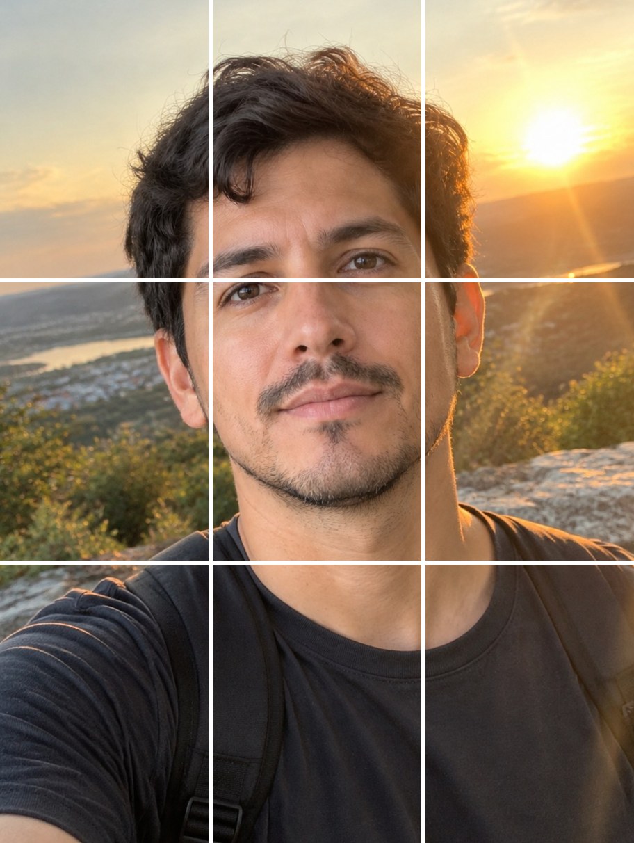 A golden-hour selfie and the nine 3:4 tiles it was split into — after