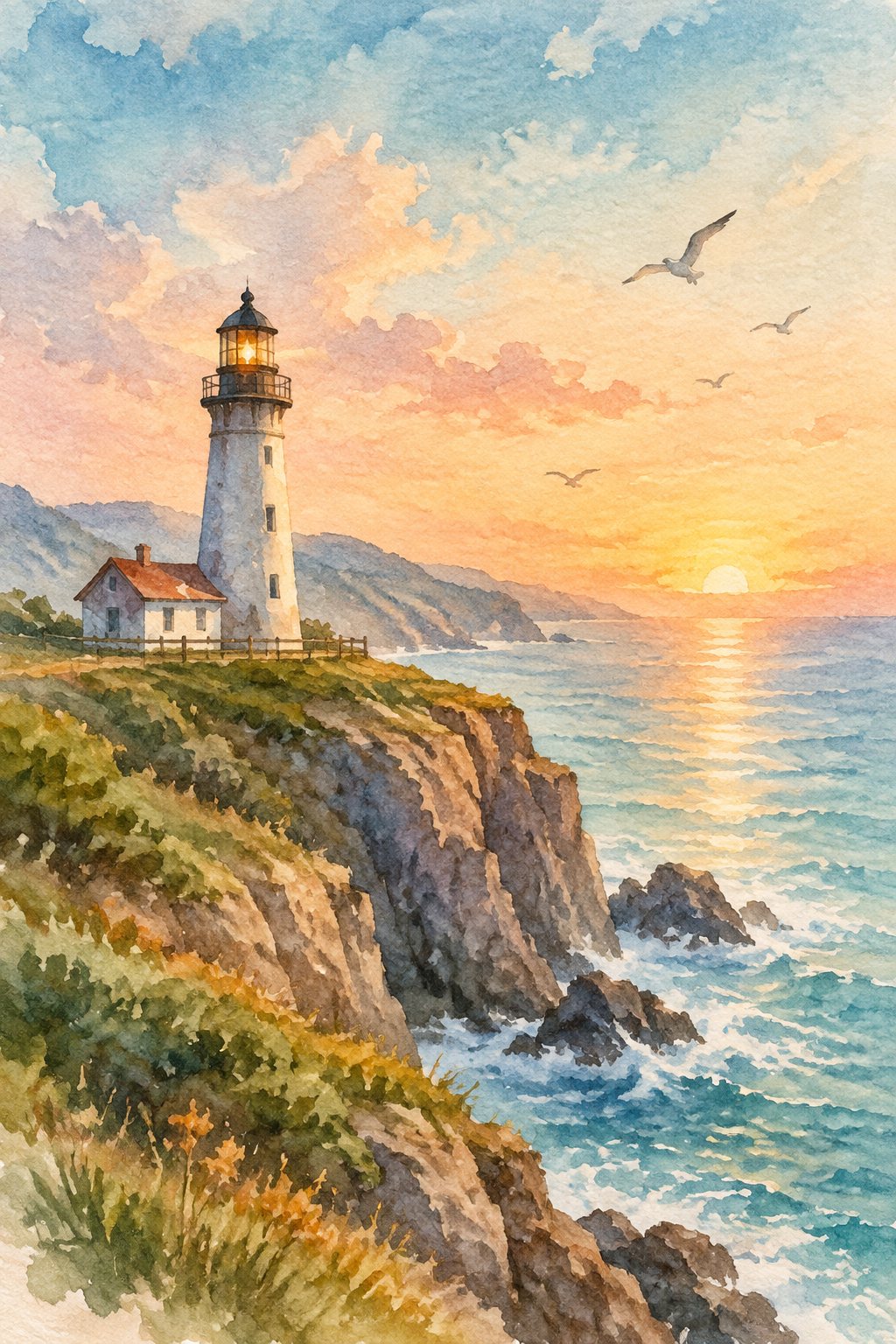 AI art: a lighthouse on a cliff at dawn — art