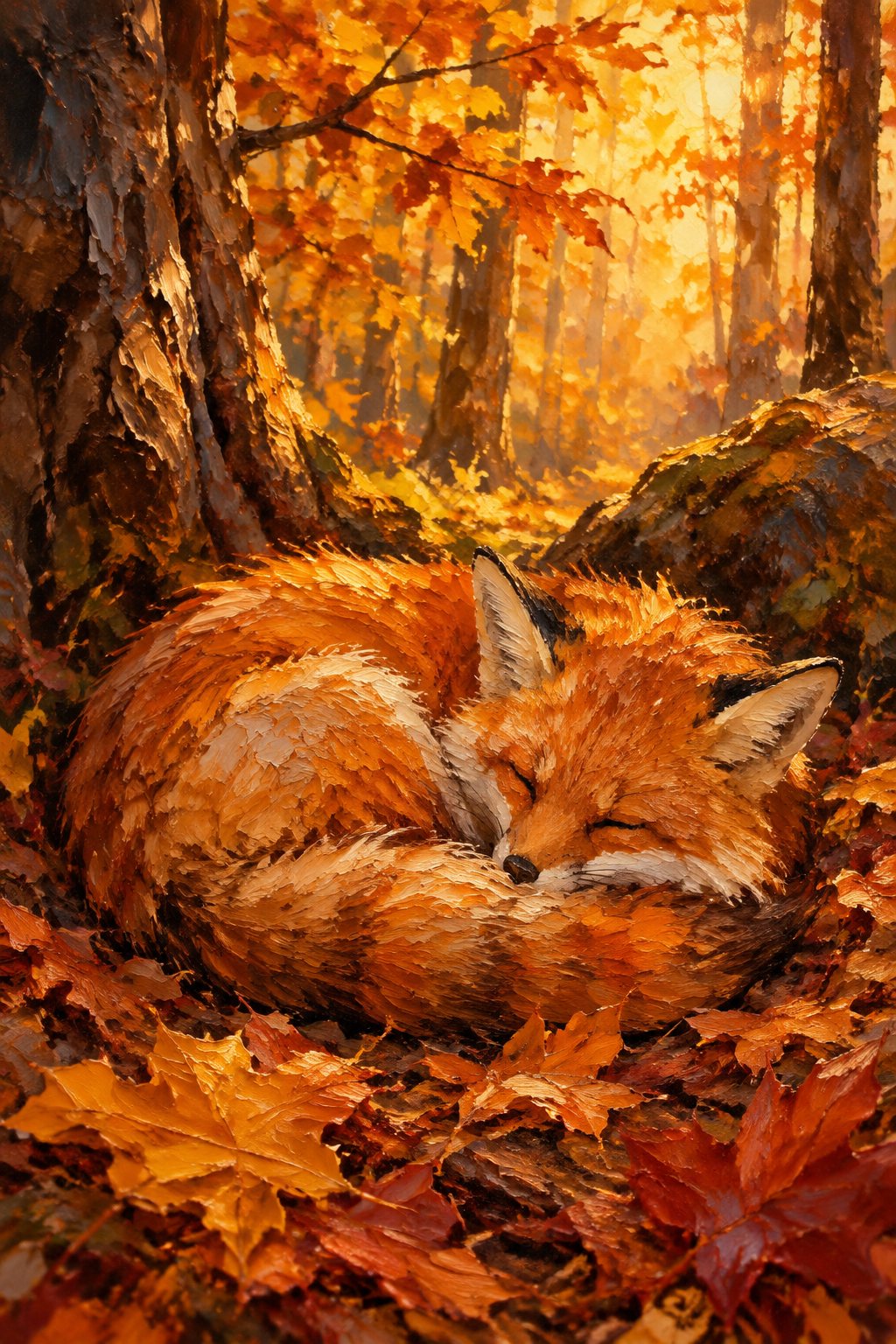 AI art: a fox curled up asleep in an autumn forest — art