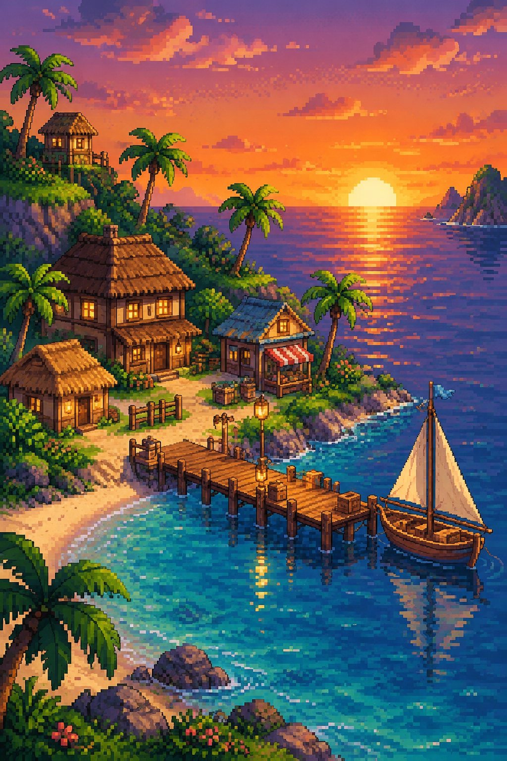 AI art generator: a prompt for an island village and the pixel art scene it produced