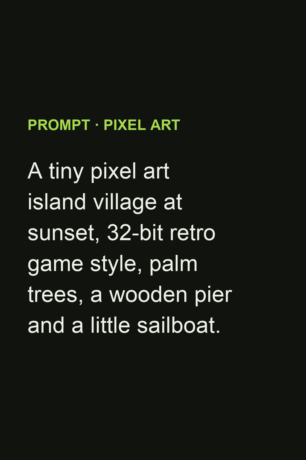 AI art generator: a prompt for an island village and the pixel art scene it produced — original