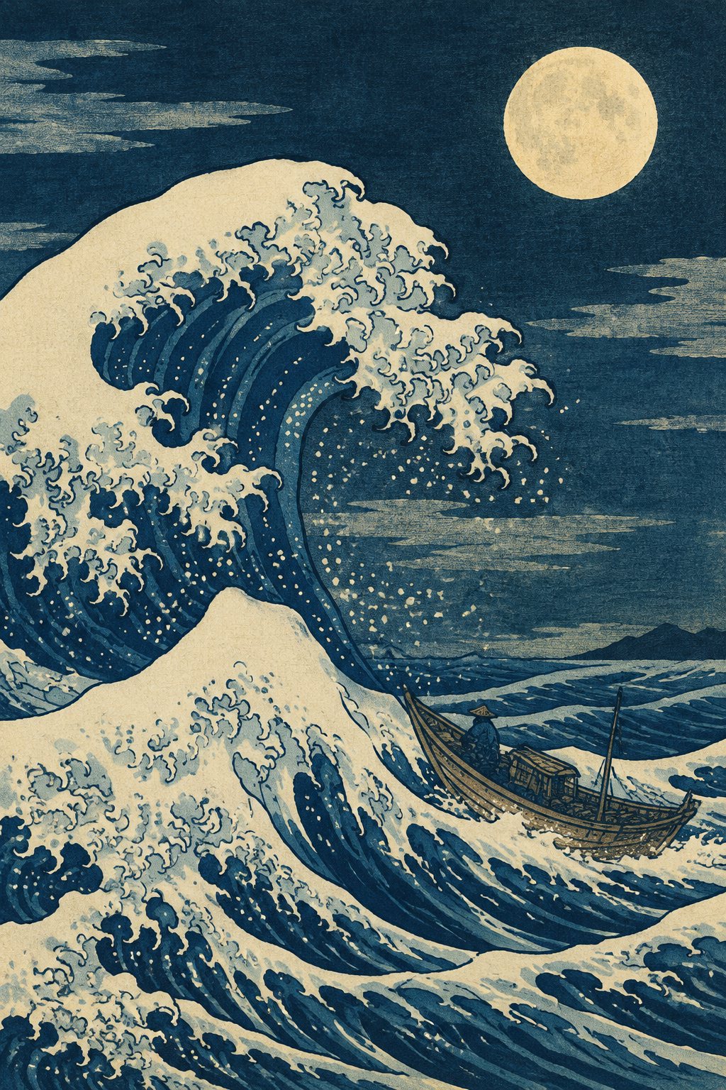 AI art: a great wave rolling past a small fishing boat under a full moon — art