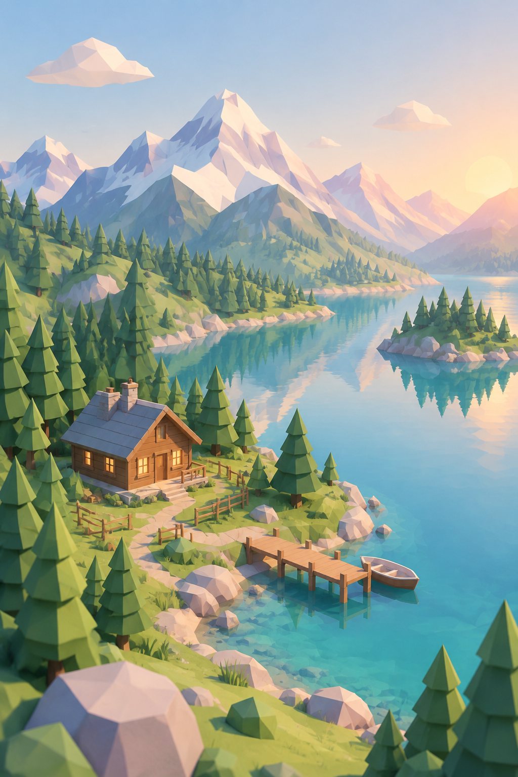 AI art: a low-poly 3d mountain lake with pine trees and a cabin — art