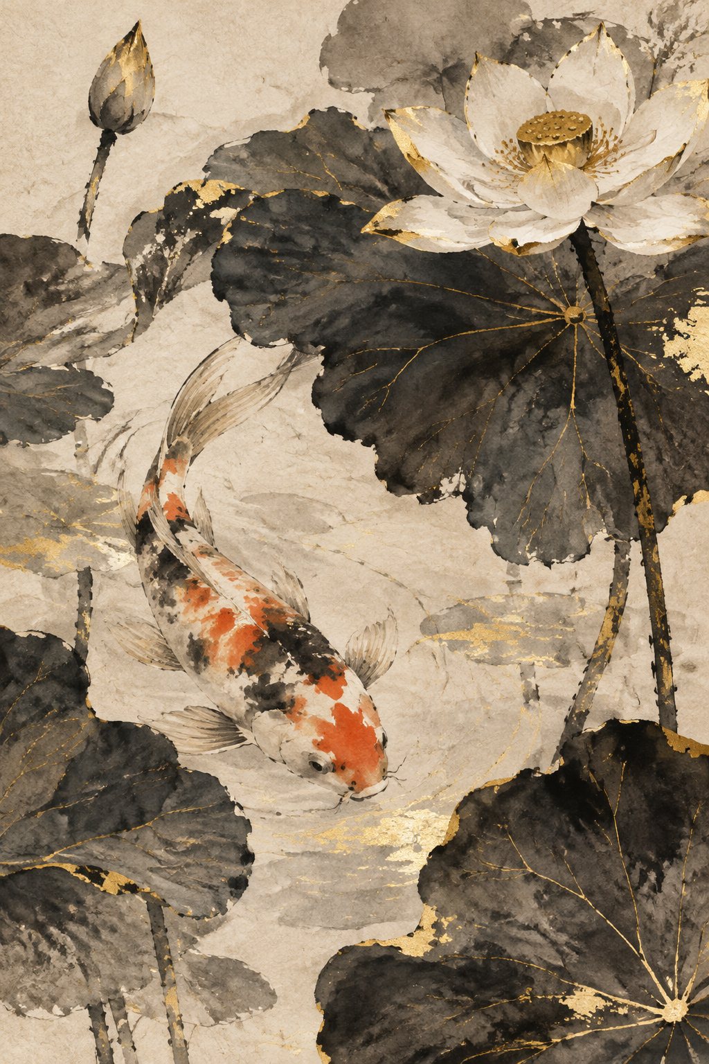 AI art: a koi fish swimming through lotus leaves — art