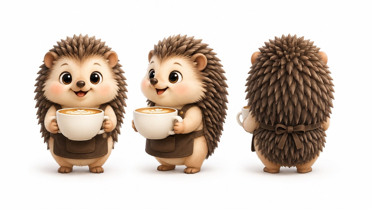 AI character sheet: original round hedgehog barista mascot — character