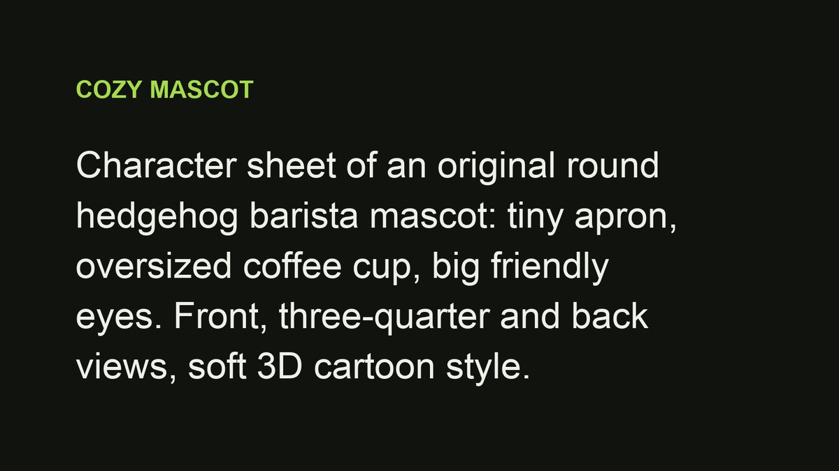 AI character sheet: original round hedgehog barista mascot — prompt
