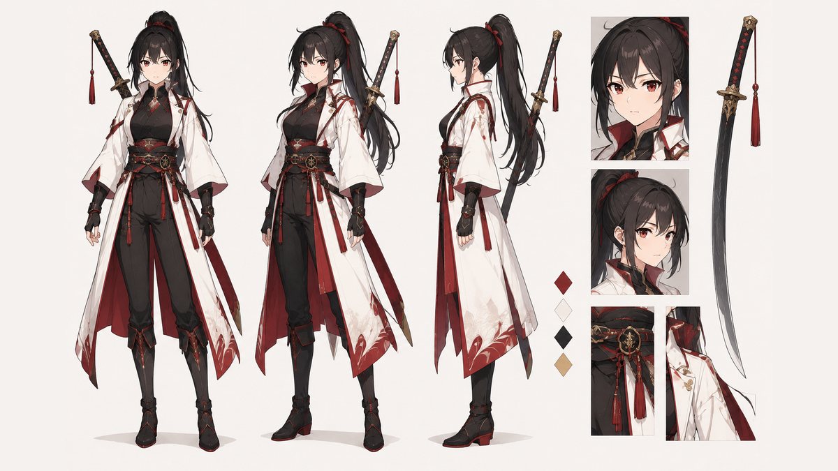AI character sheet: original anime-style young swordswoman — character