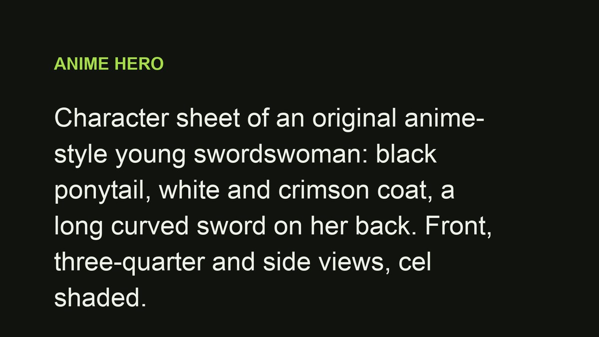 AI character sheet: original anime-style young swordswoman — prompt