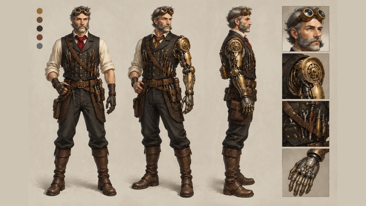AI character sheet: original steampunk inventor — character