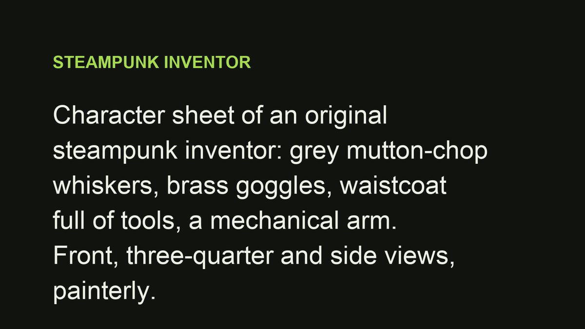 AI character sheet: original steampunk inventor — prompt