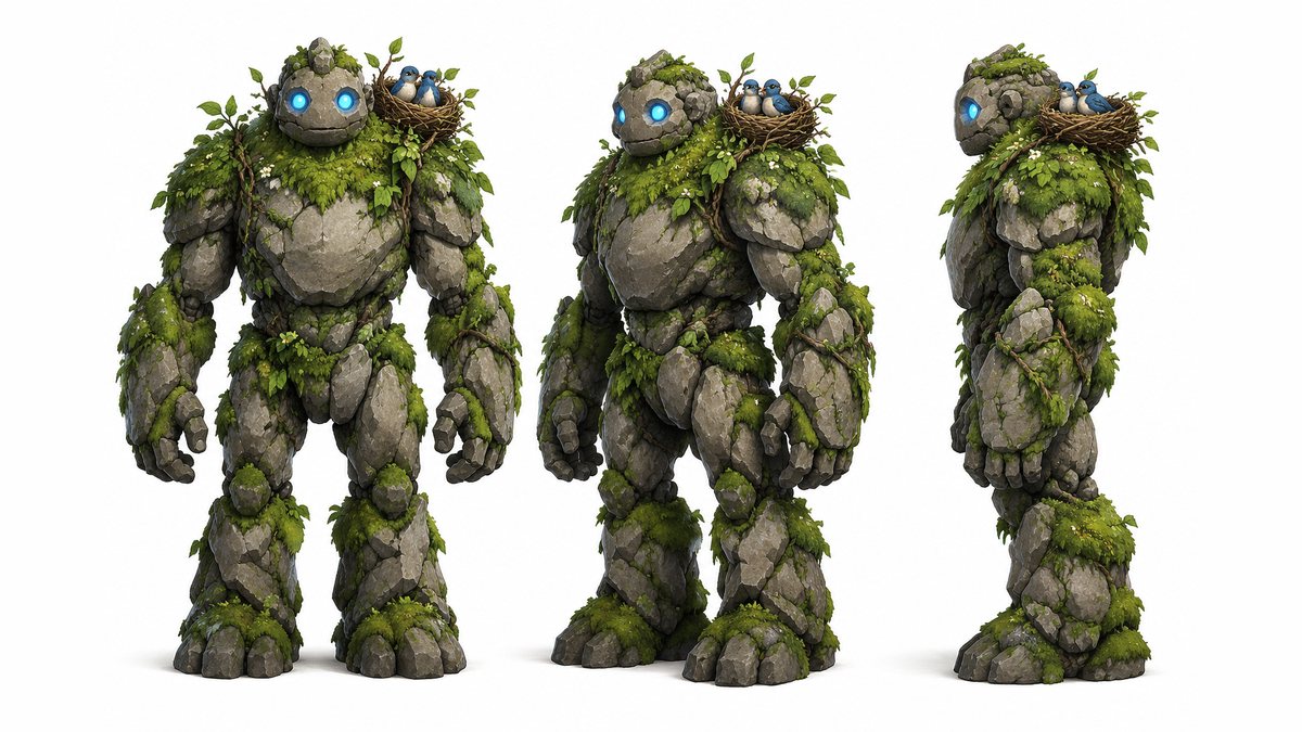 AI character sheet: original friendly forest golem made of stones and moss with glowing blue eyes and a bird nest on its shoulder. Front, three-quarter and side views, game concept art. — character