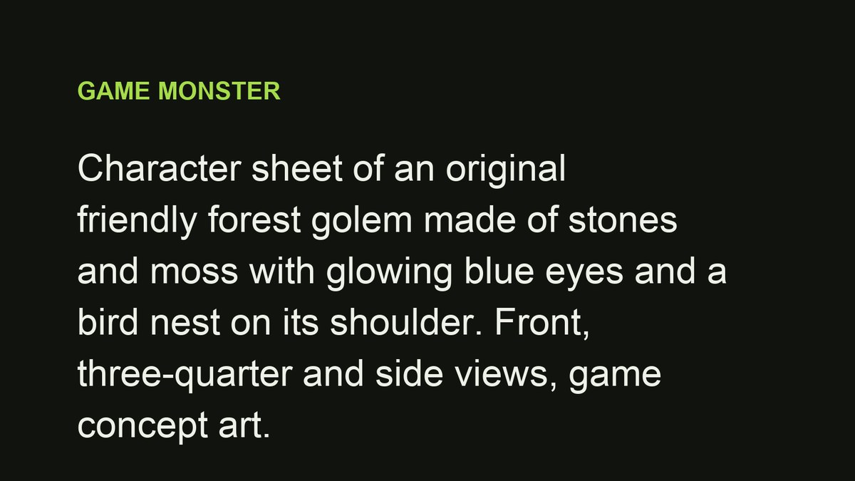 AI character sheet: original friendly forest golem made of stones and moss with glowing blue eyes and a bird nest on its shoulder. Front, three-quarter and side views, game concept art. — prompt