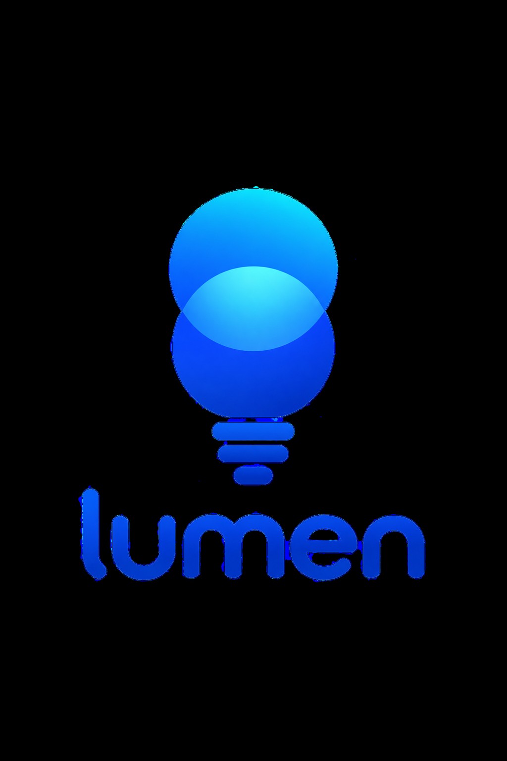 AI logo generator: the brief for a lighting app and the blue overlapping-circle bulb logo it produced