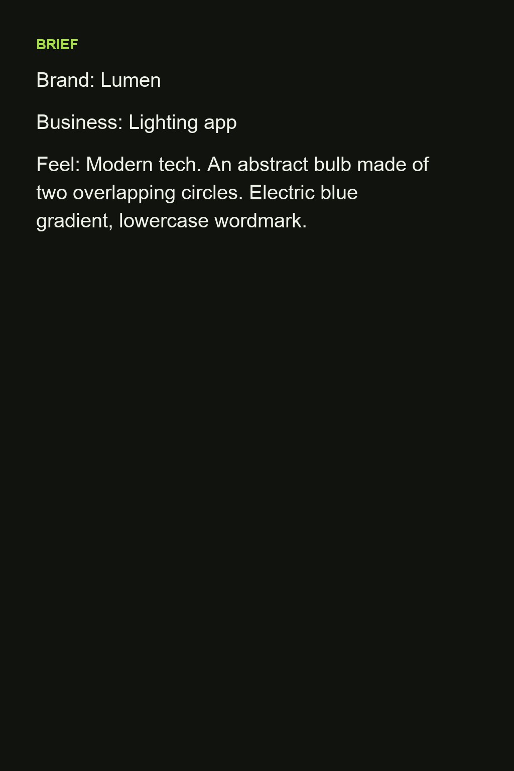AI logo generator: the brief for a lighting app and the blue overlapping-circle bulb logo it produced — original
