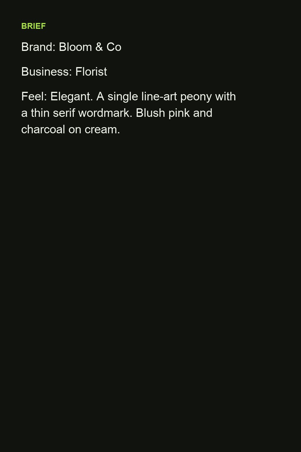 AI logo generator: the brief for a florist and the single-line peony logo it produced — original