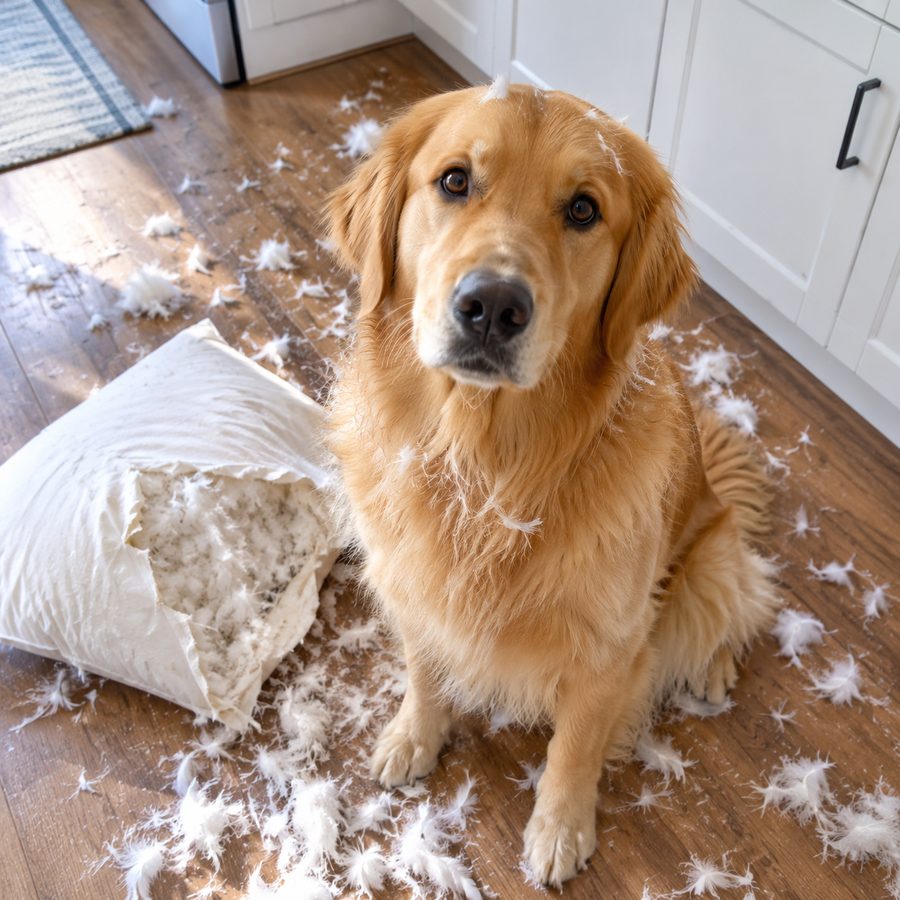 Golden retriever with a torn pillow turned into a pet meme — input