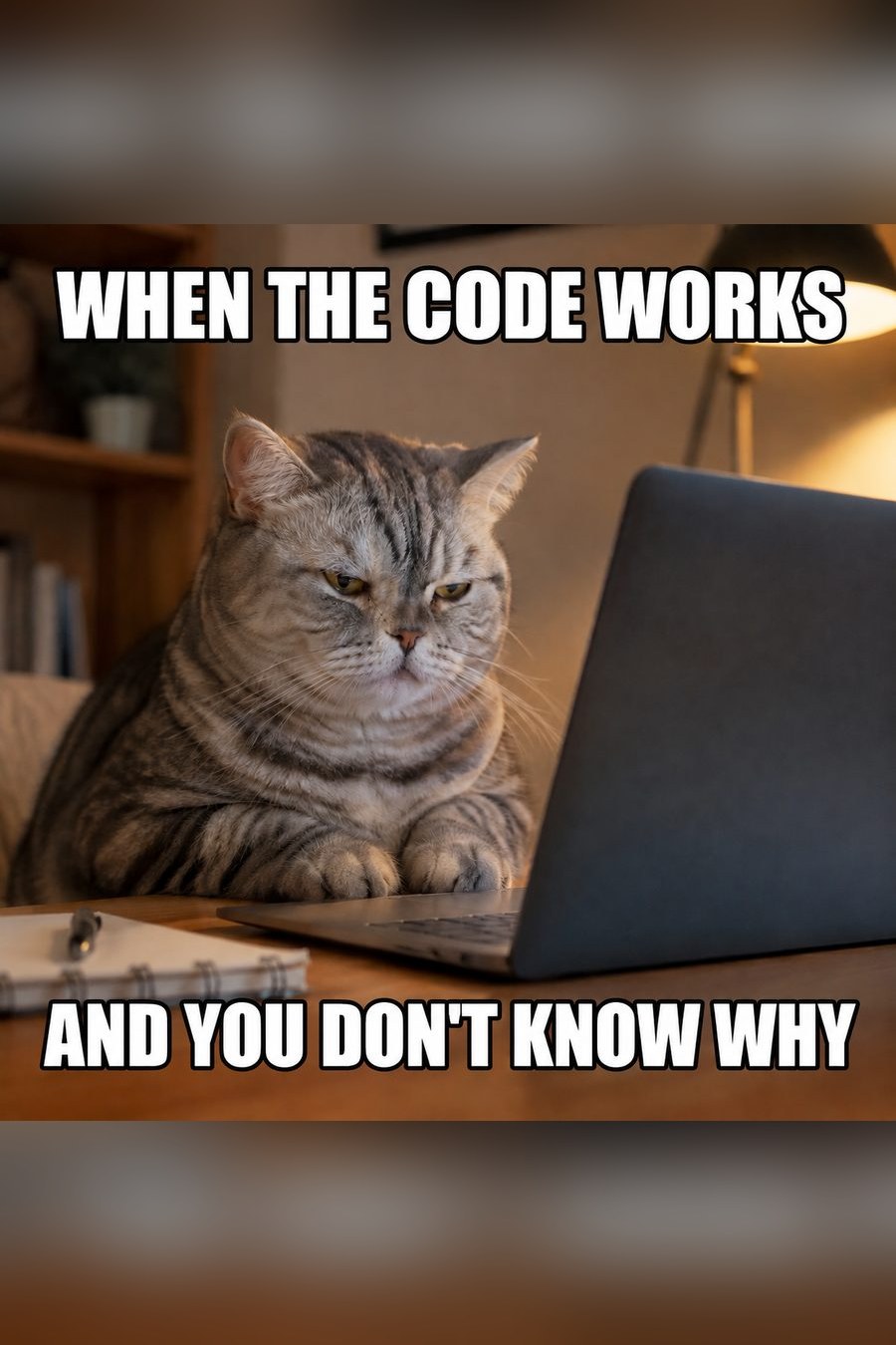 AI meme generator: a photo of an unimpressed cat at a laptop turned into a meme captioned when the code works and you don't know why