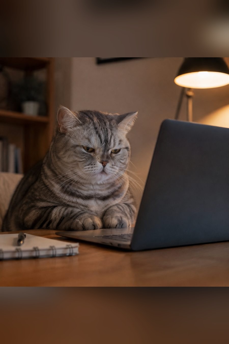 AI meme generator: a photo of an unimpressed cat at a laptop turned into a meme captioned when the code works and you don't know why — original