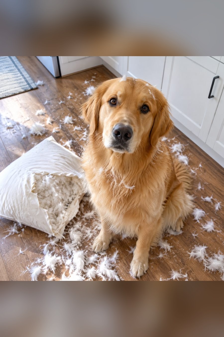 AI meme generator: a golden retriever with a torn pillow turned into a meme captioned the pillow started it, I just finished it — original