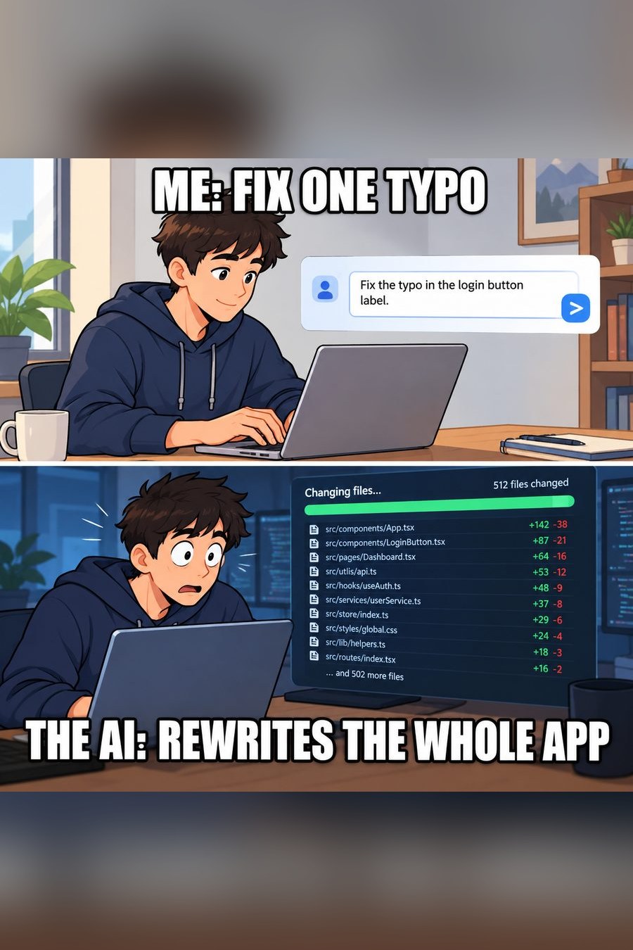 AI meme generator: a one-line description and the two-panel vibe coding meme it produced