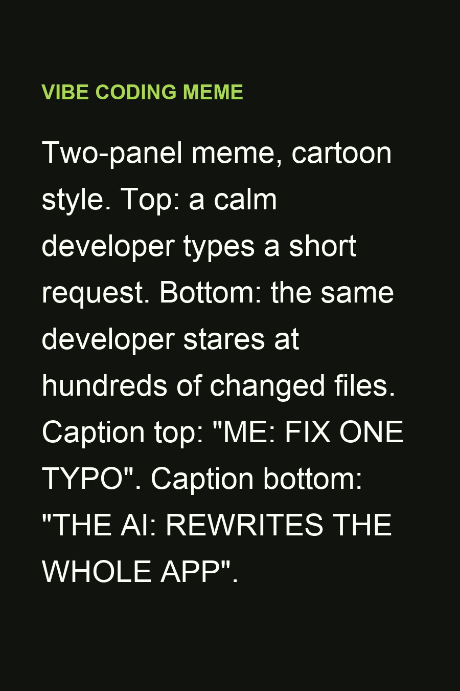 AI meme generator: a one-line description and the two-panel vibe coding meme it produced — original