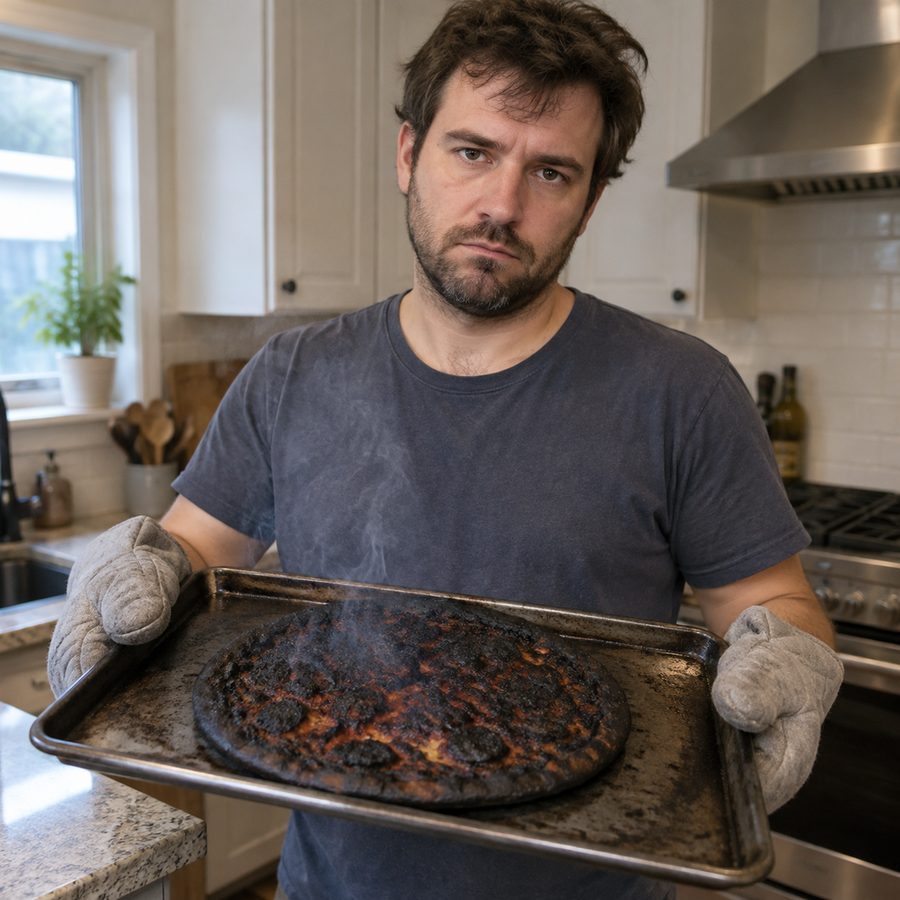Man holding a burnt pizza turned into a cooking meme — input
