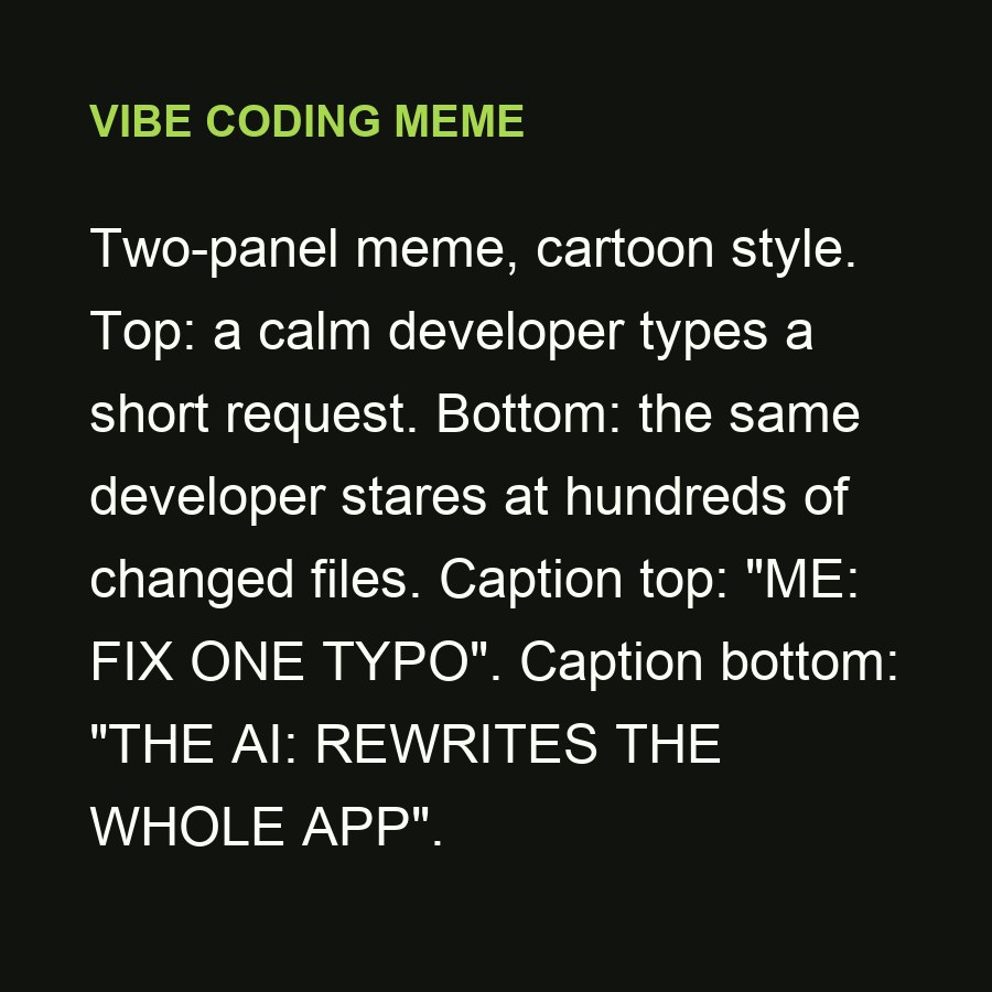 Vibe coding meme: fix one typo, the AI rewrites the whole app — input