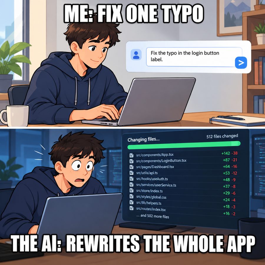 Vibe coding meme: fix one typo, the AI rewrites the whole app — meme
