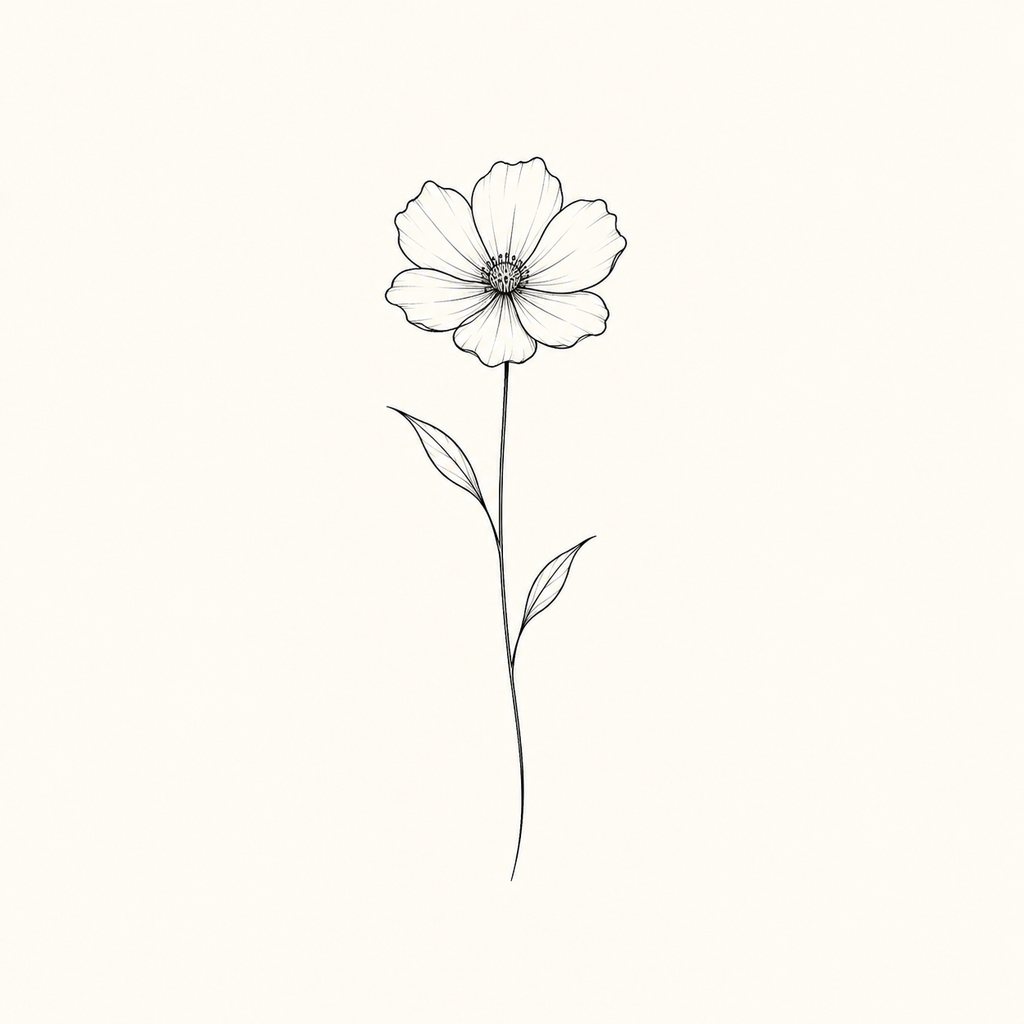 Fine line tattoo of a single wildflower stem with two small leaves — design