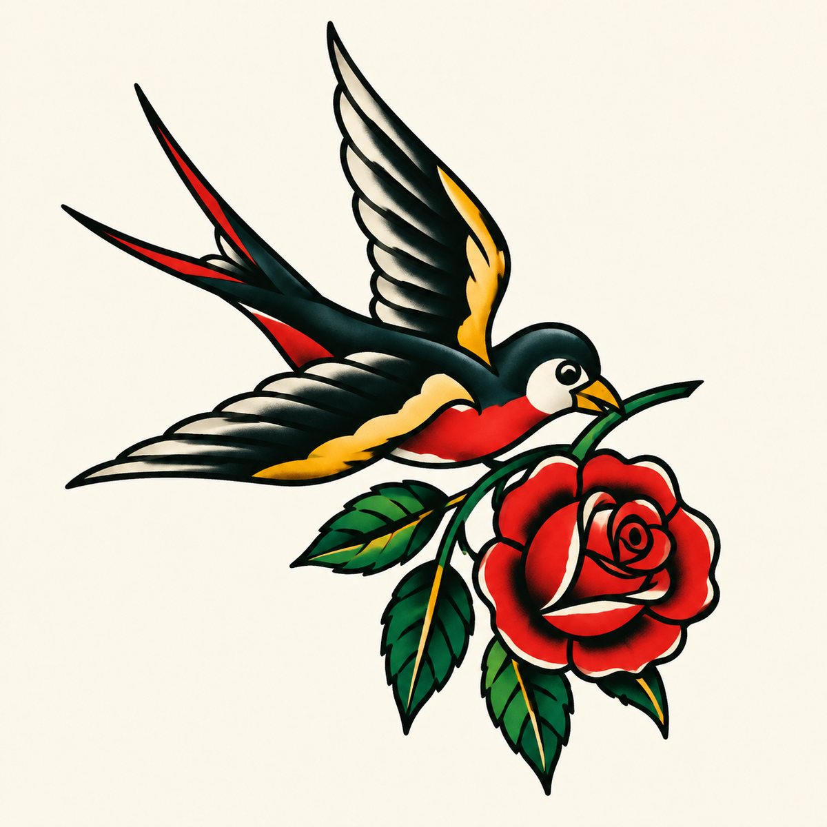 American traditional tattoo of a swallow carrying a rose — design