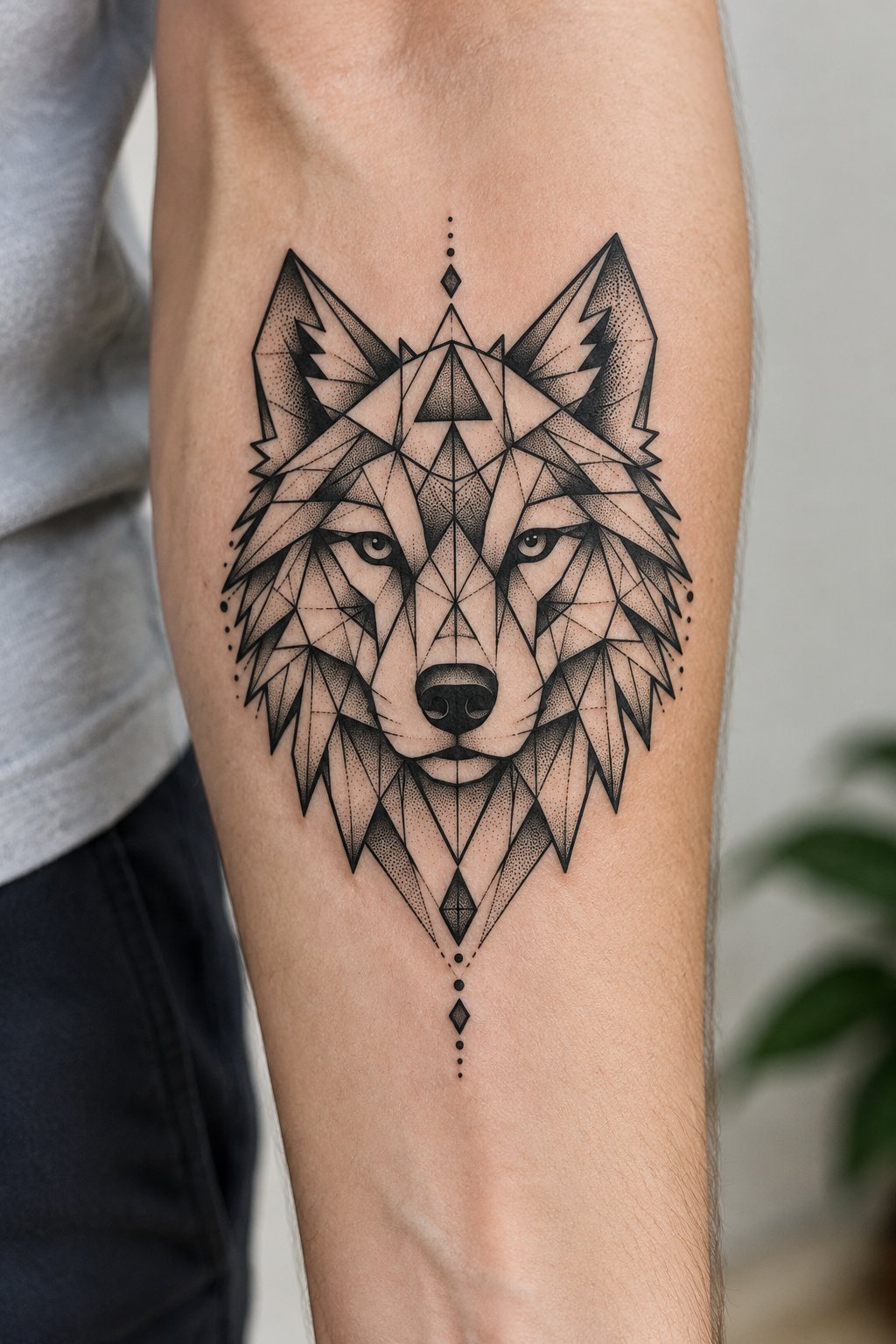 AI tattoo generator: a geometric wolf design and the same design previewed on a forearm