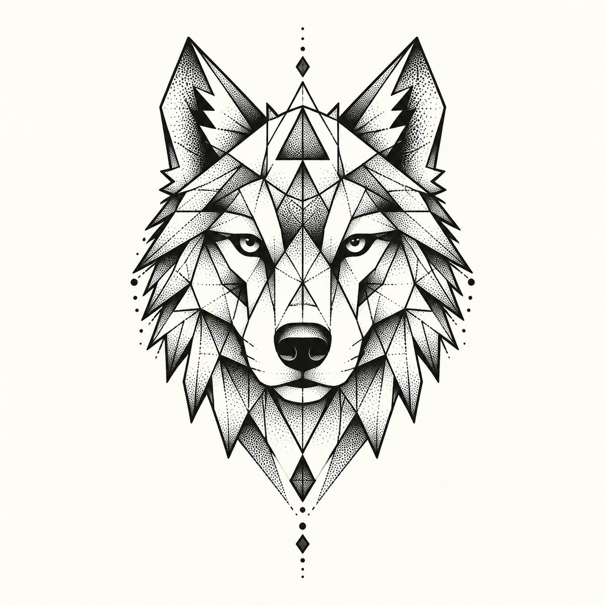 Geometric wolf head tattoo made of triangles and dotwork shading — design