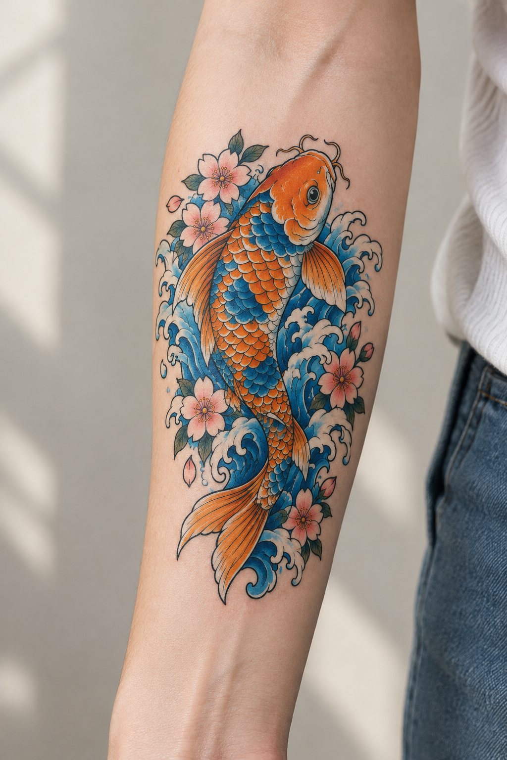 AI tattoo generator: a Japanese koi design and the same design previewed on a forearm