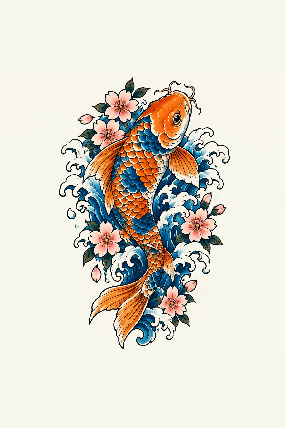 AI tattoo generator: a Japanese koi design and the same design previewed on a forearm — original