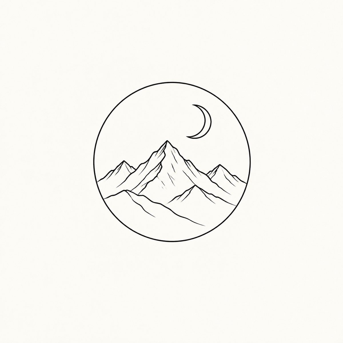 Minimal tattoo of a mountain range inside a circle with a crescent moon — design
