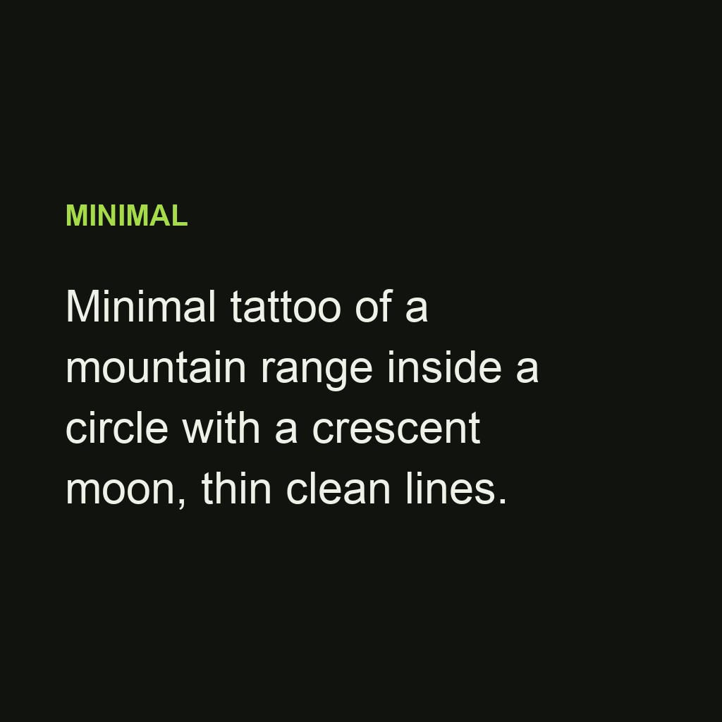 Minimal tattoo of a mountain range inside a circle with a crescent moon — prompt