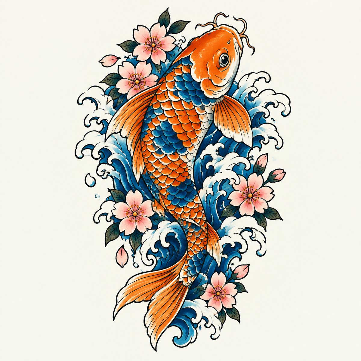 Japanese-style koi fish tattoo swimming upward through waves and cherry blossoms — design